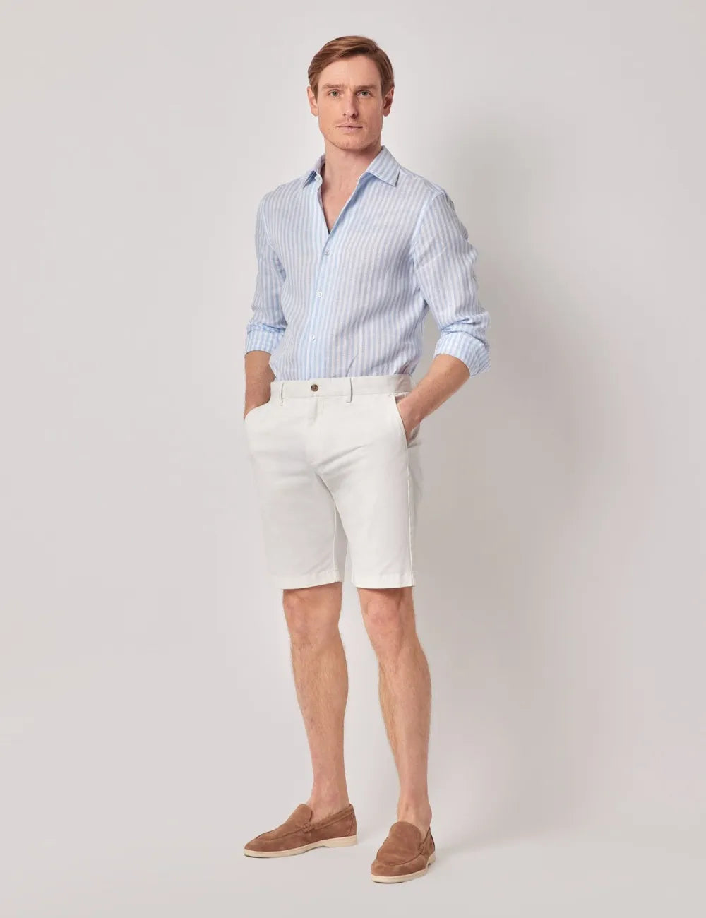 Beige & White Stripe Pure Linen Slim Shirt - One Piece Collar - Full Cutaway
