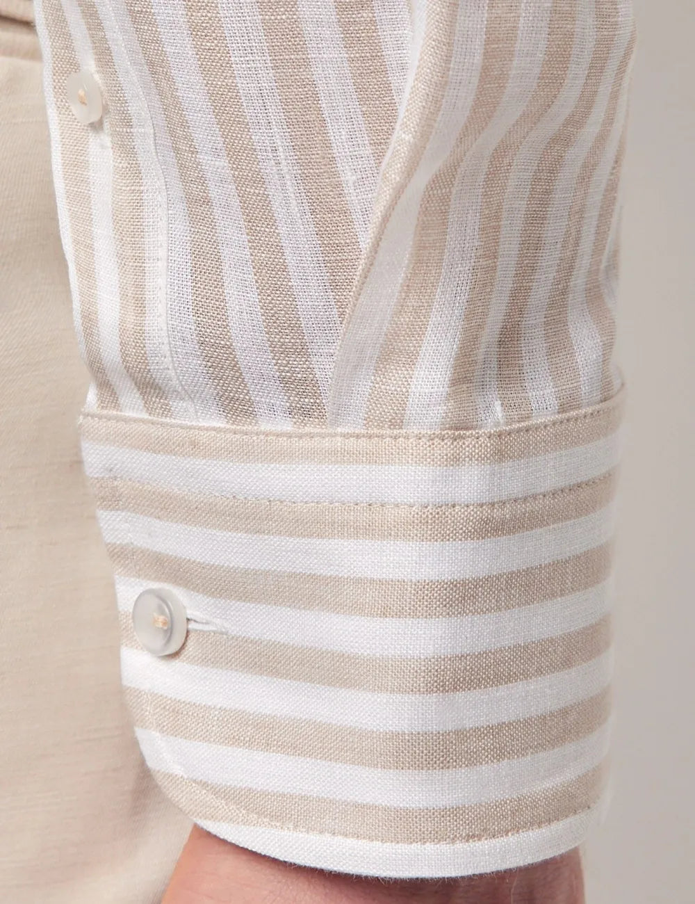Beige & White Stripe Pure Linen Slim Shirt - One Piece Collar - Full Cutaway