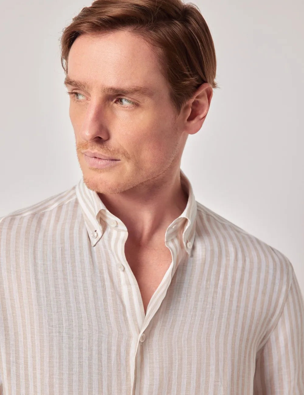 Beige & White Stripe Pure Linen Slim Shirt – Button Down Collar
