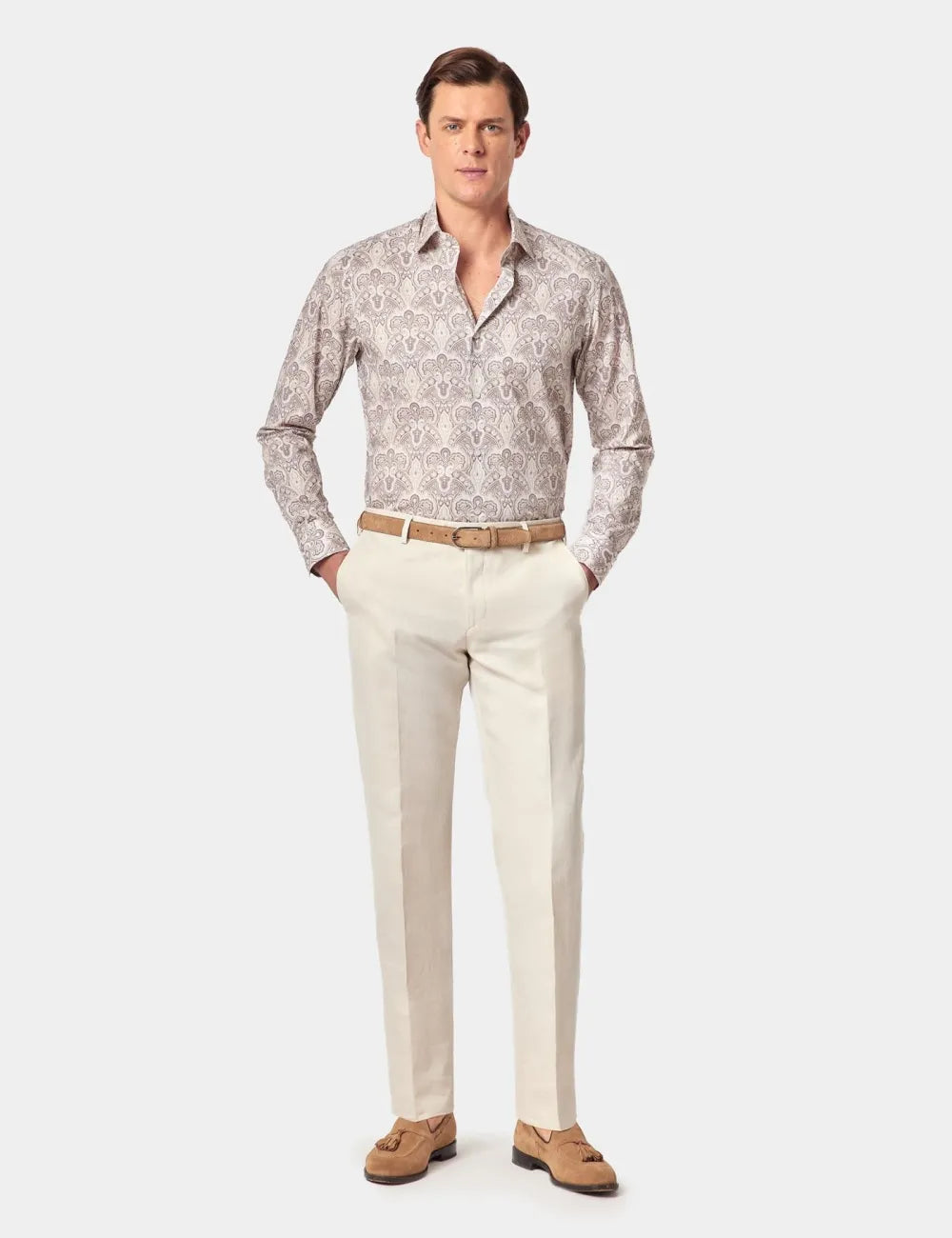 Beige & Brown Paisley Slim Curtis Shirt - Mid-Collar