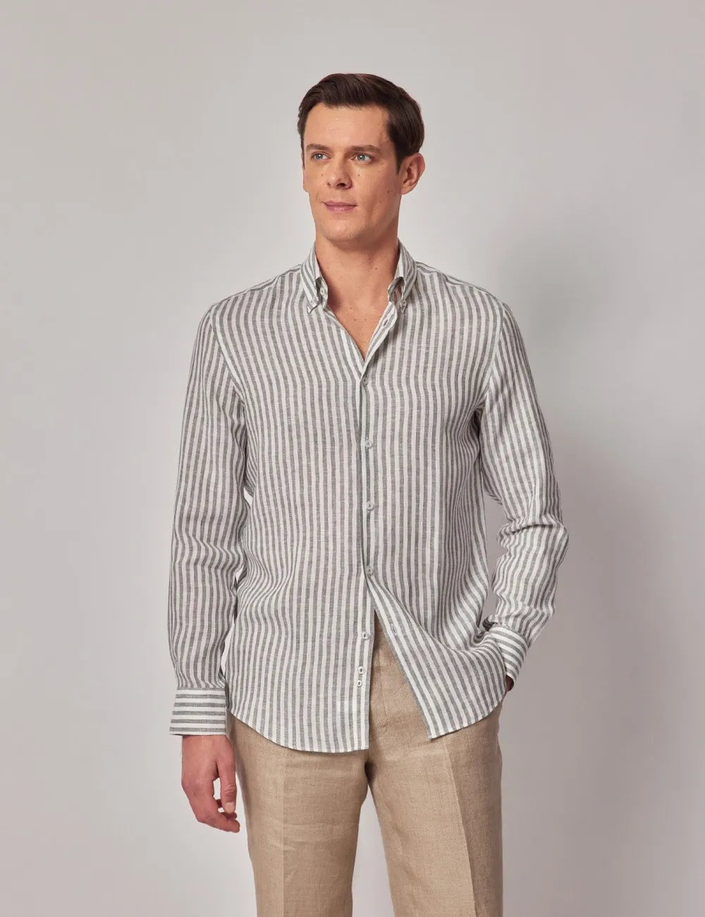 Beige & White Stripe Pure Linen Slim Shirt – Button Down Collar