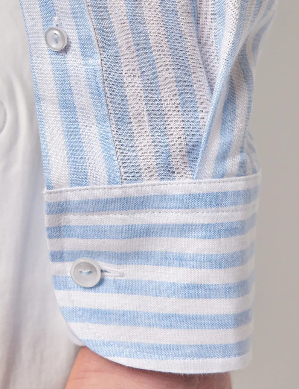 Beige & White Stripe Pure Linen Slim Shirt - One Piece Collar - Full Cutaway