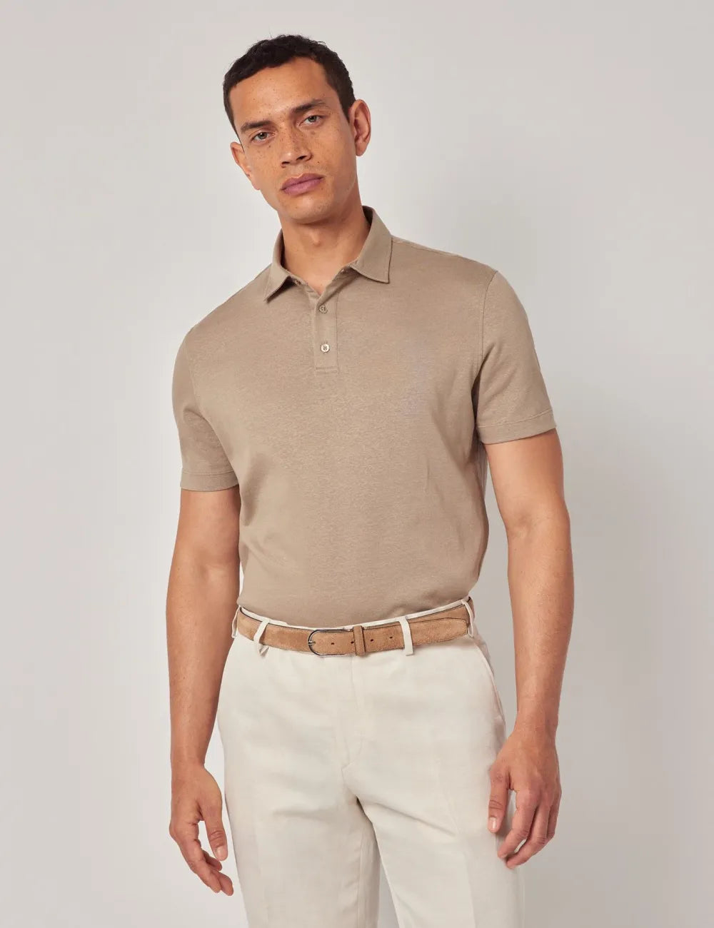 Beige Cotton-Linen Polo Shirt – Short Sleeve