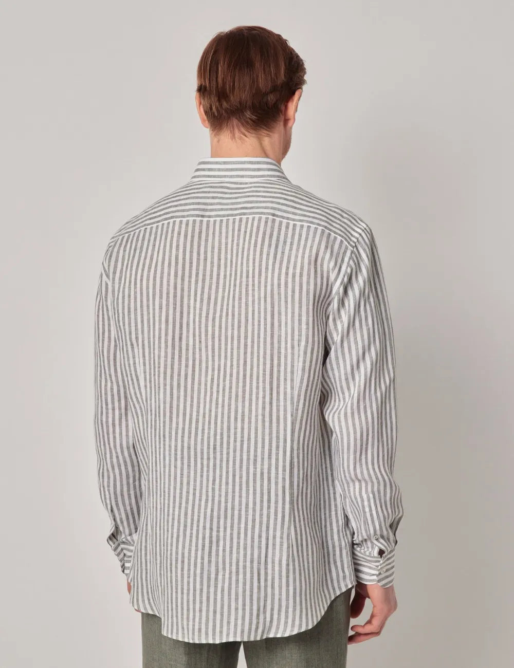 Beige & White Stripe Pure Linen Slim Shirt - One Piece Collar - Full Cutaway