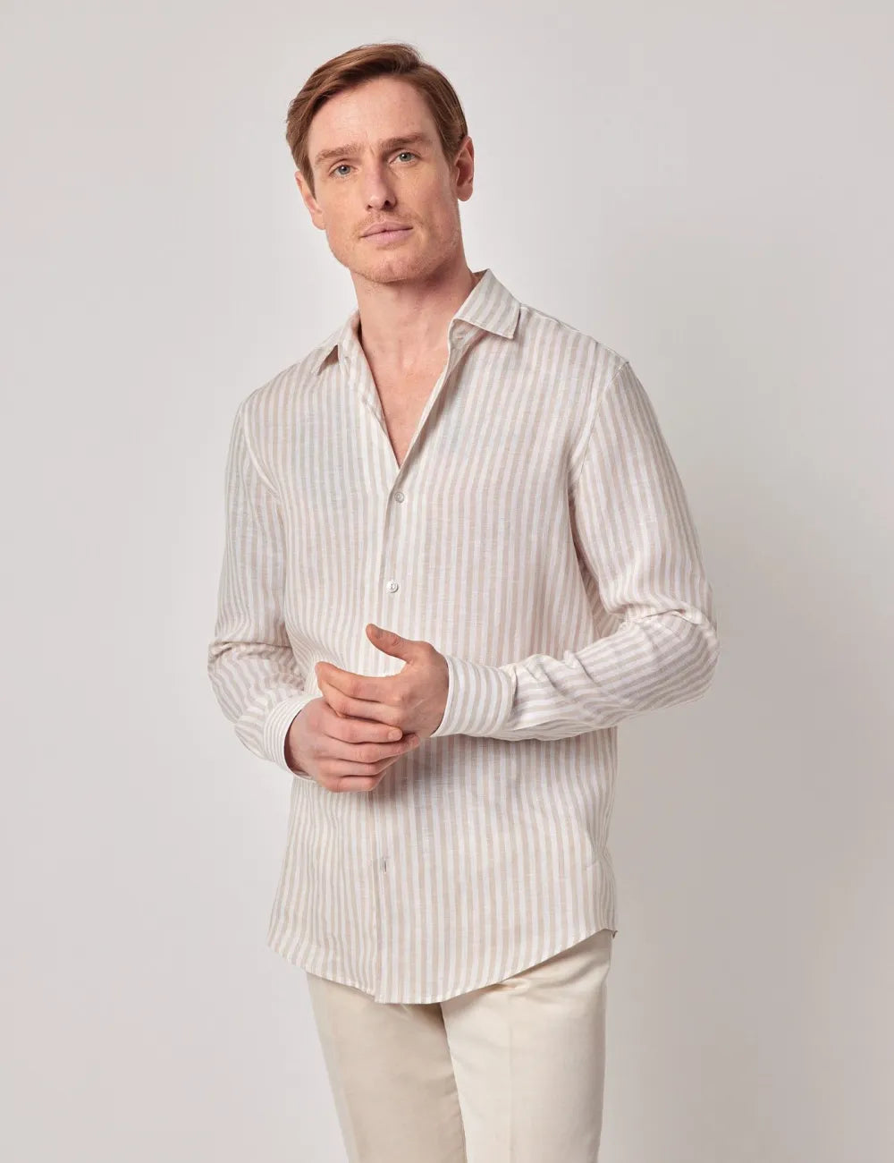 Beige & White Stripe Pure Linen Slim Shirt - One Piece Collar - Full Cutaway