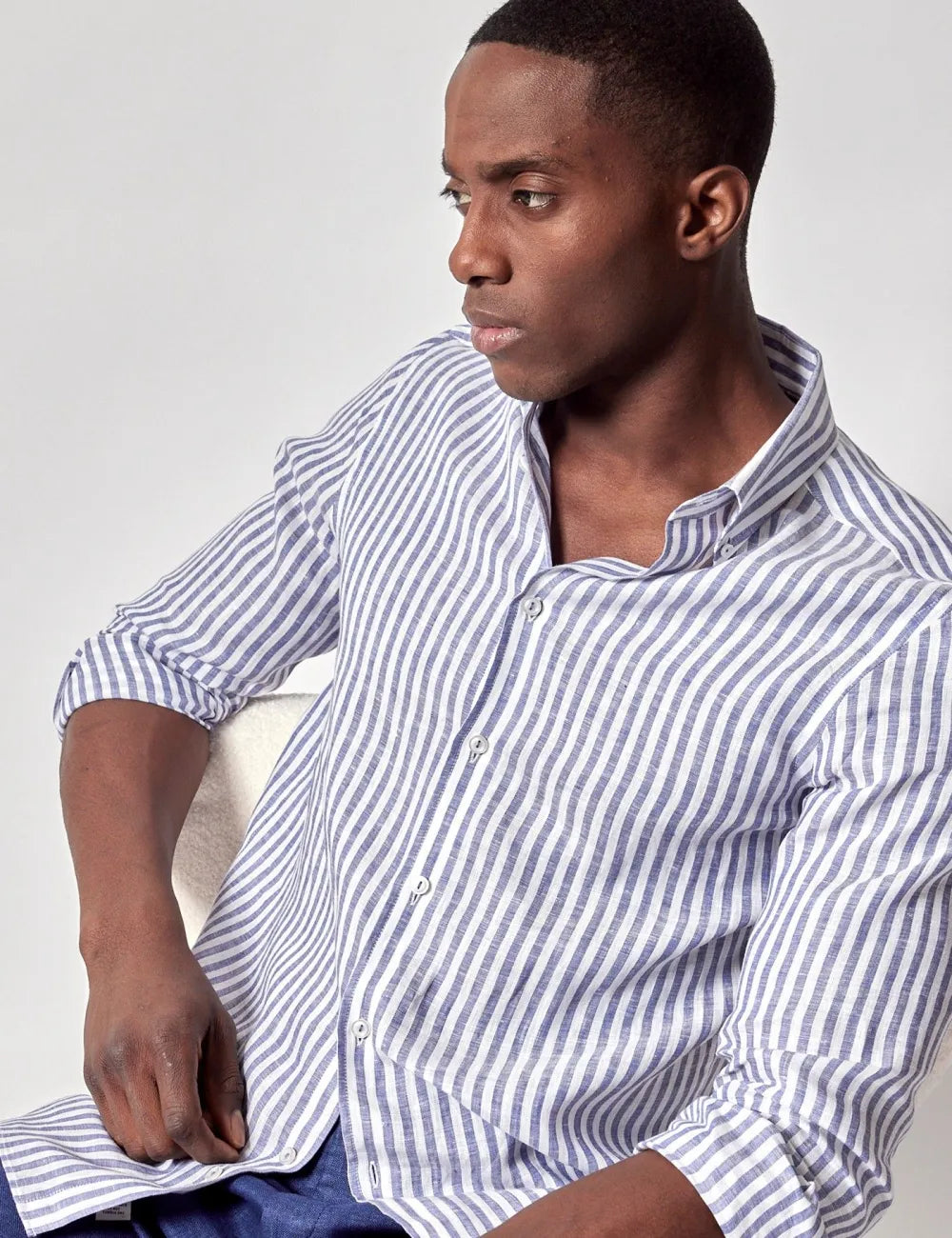 Beige & White Stripe Pure Linen Slim Shirt – Button Down Collar