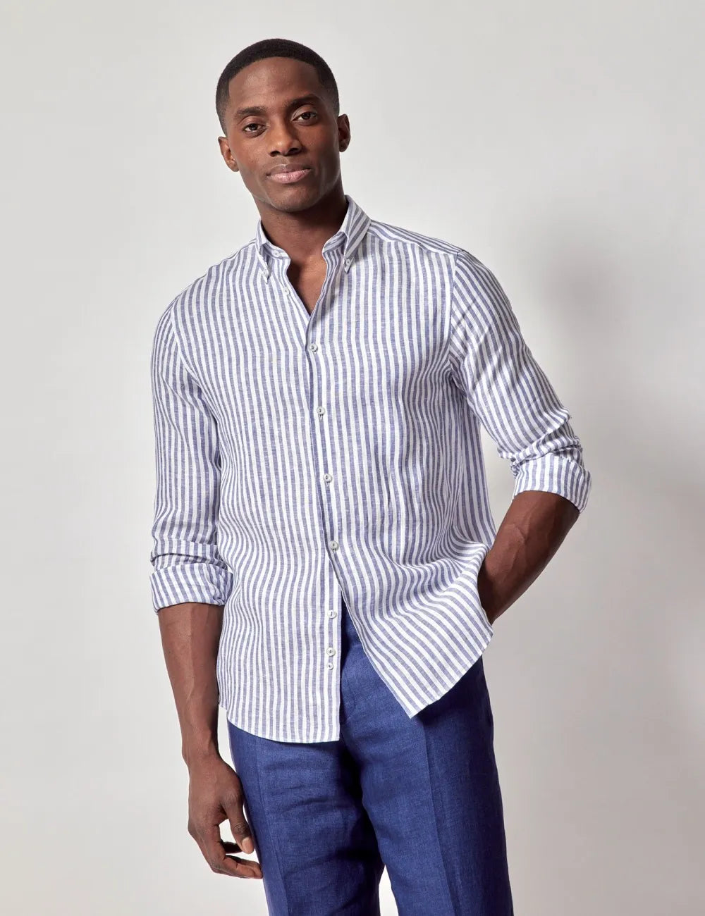 Beige & White Stripe Pure Linen Slim Shirt – Button Down Collar