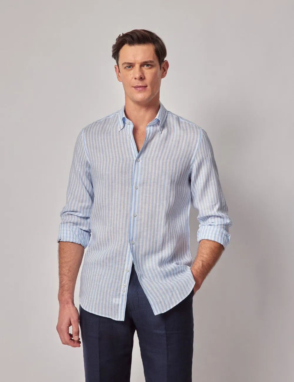 Beige & White Stripe Pure Linen Slim Shirt – Button Down Collar
