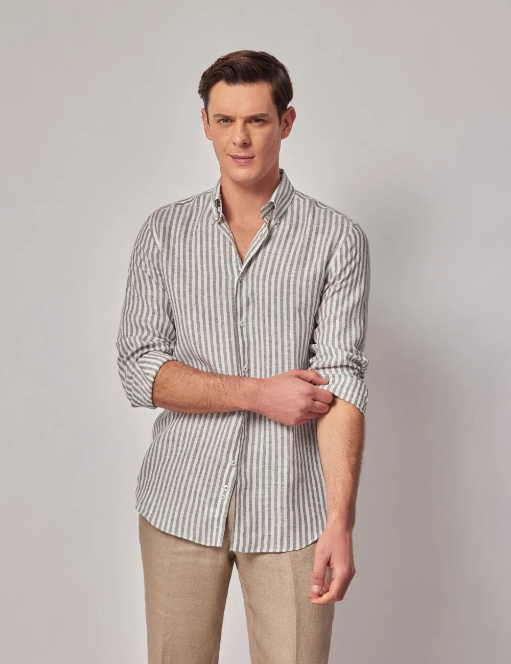 Beige & White Stripe Pure Linen Slim Shirt – Button Down Collar
