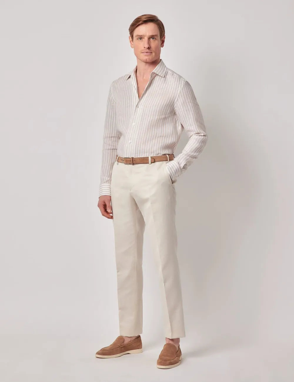 Beige & White Stripe Pure Linen Slim Shirt - One Piece Collar - Full Cutaway
