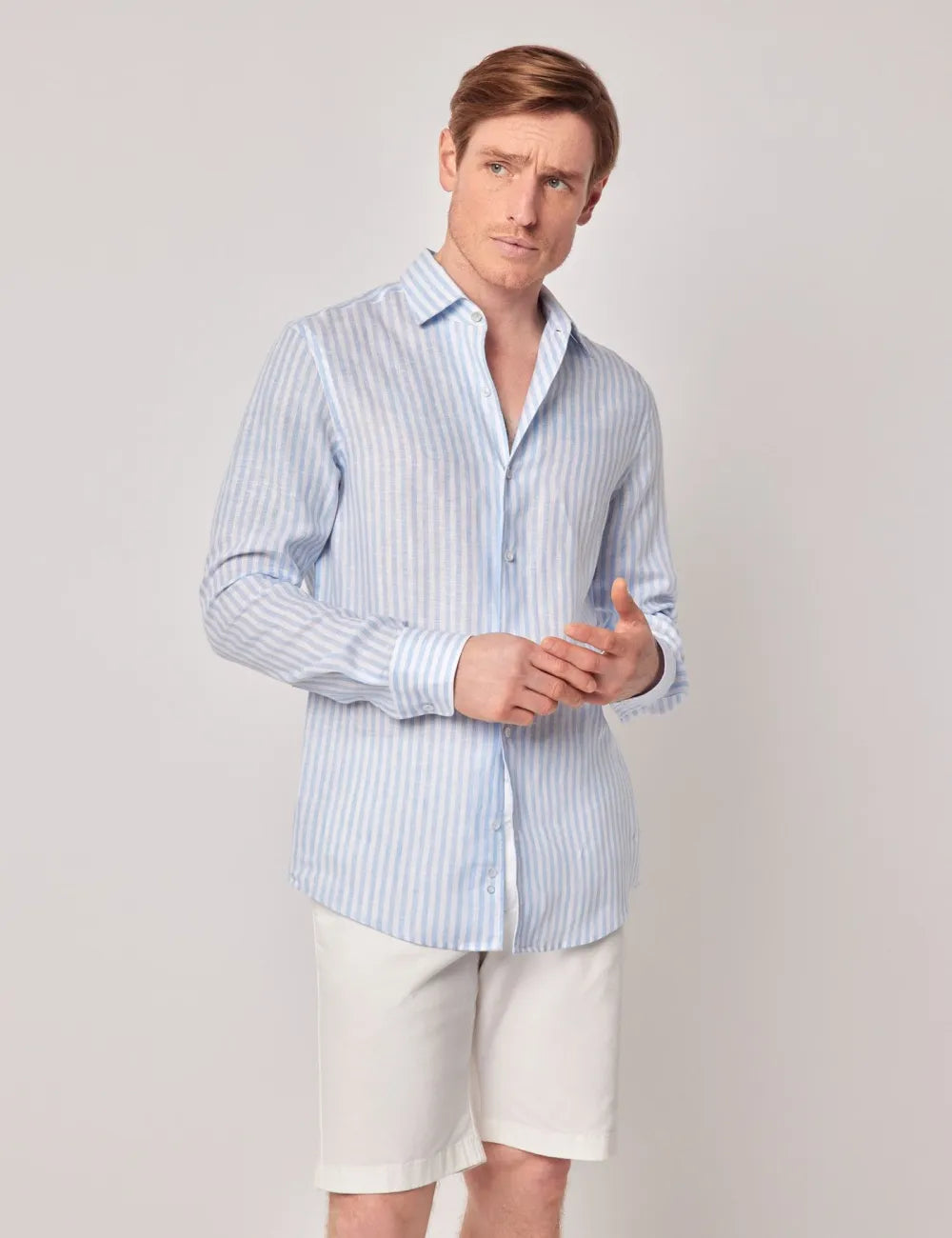 Beige & White Stripe Pure Linen Slim Shirt - One Piece Collar - Full Cutaway