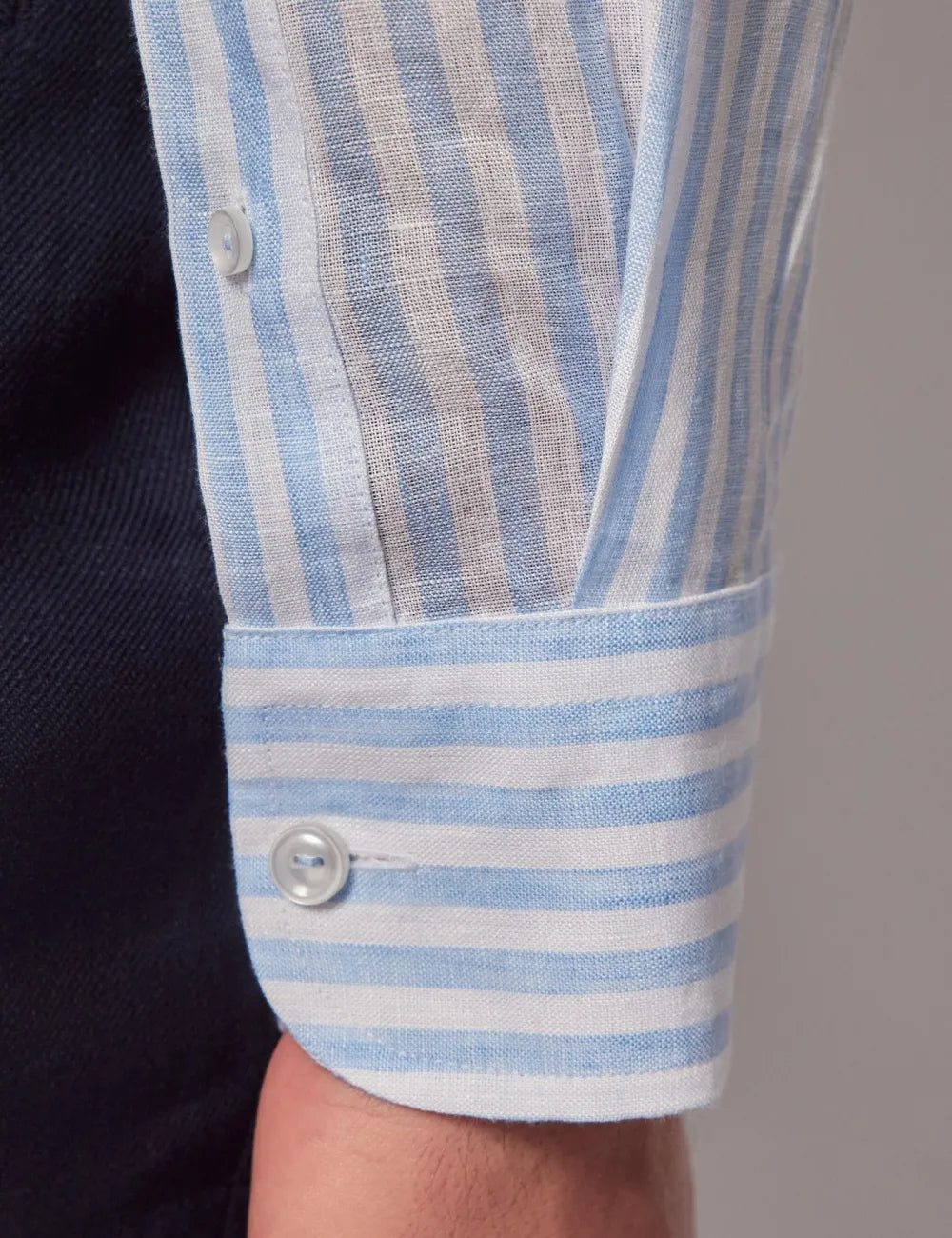 Beige & White Stripe Pure Linen Slim Shirt – Button Down Collar