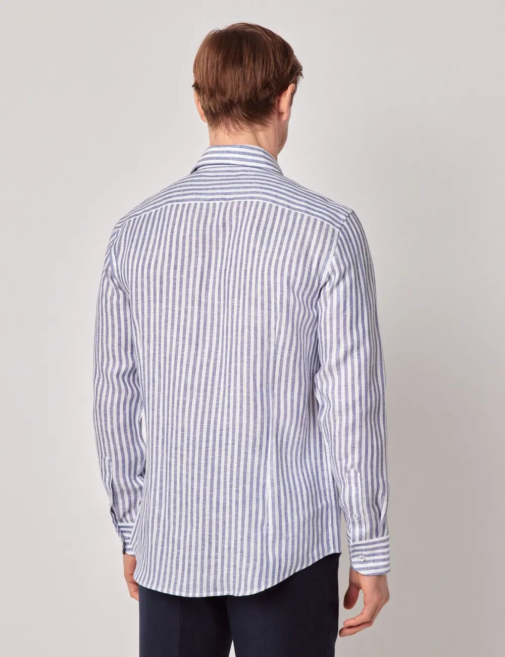 Beige & White Stripe Pure Linen Slim Shirt - One Piece Collar - Full Cutaway