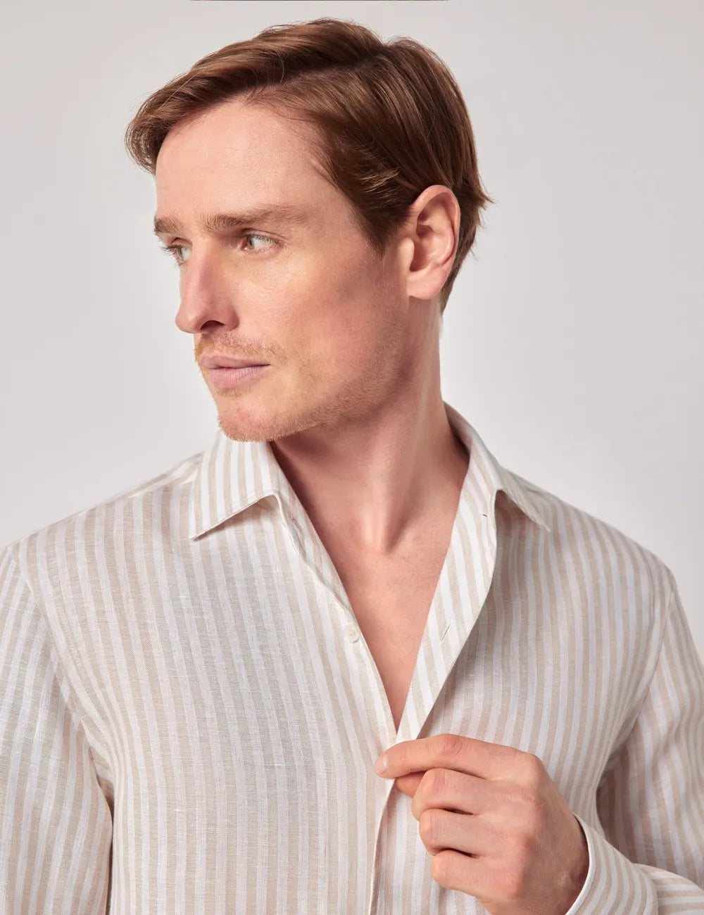 Beige & White Stripe Pure Linen Slim Shirt - One Piece Collar - Full Cutaway