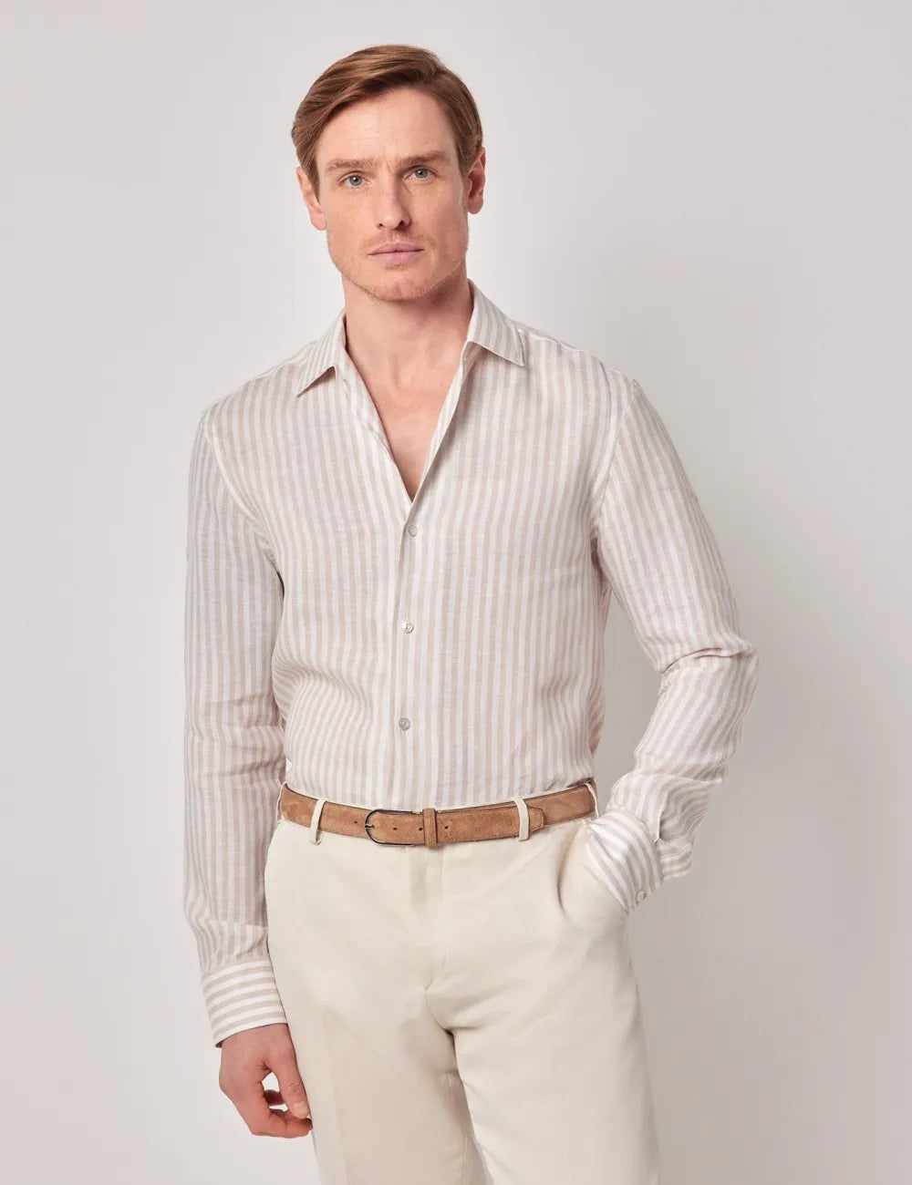 Beige & White Stripe Pure Linen Slim Shirt - One Piece Collar - Full Cutaway