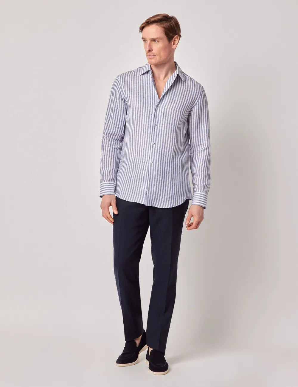 Beige & White Stripe Pure Linen Slim Shirt - One Piece Collar - Full Cutaway