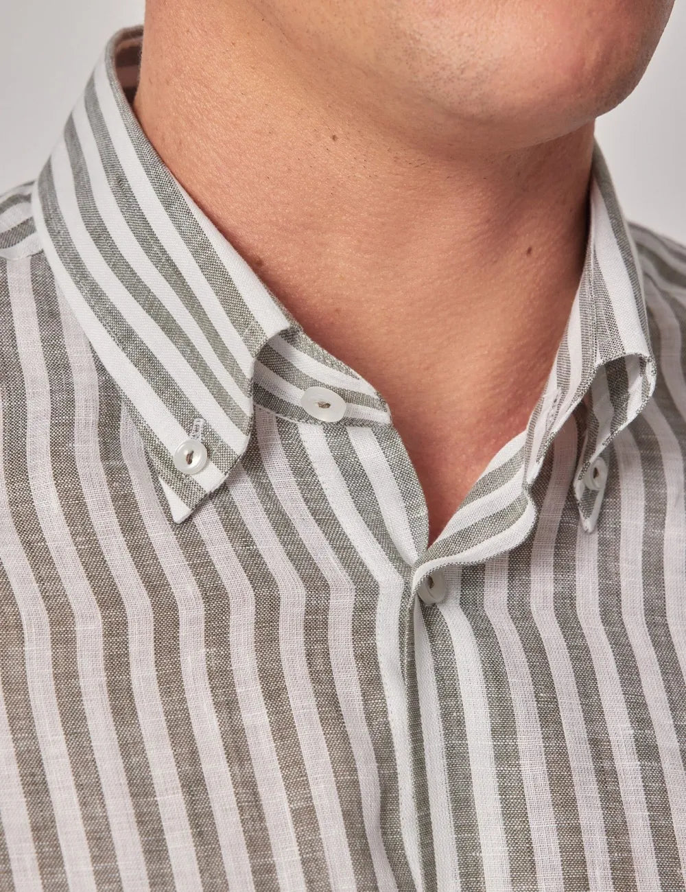 Beige & White Stripe Pure Linen Slim Shirt – Button Down Collar