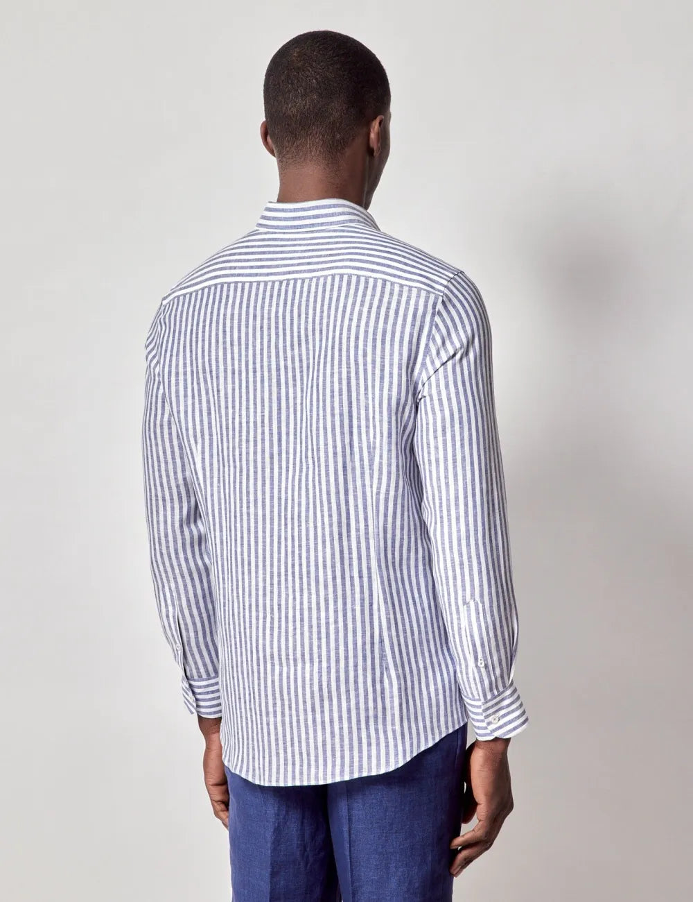 Beige & White Stripe Pure Linen Slim Shirt – Button Down Collar