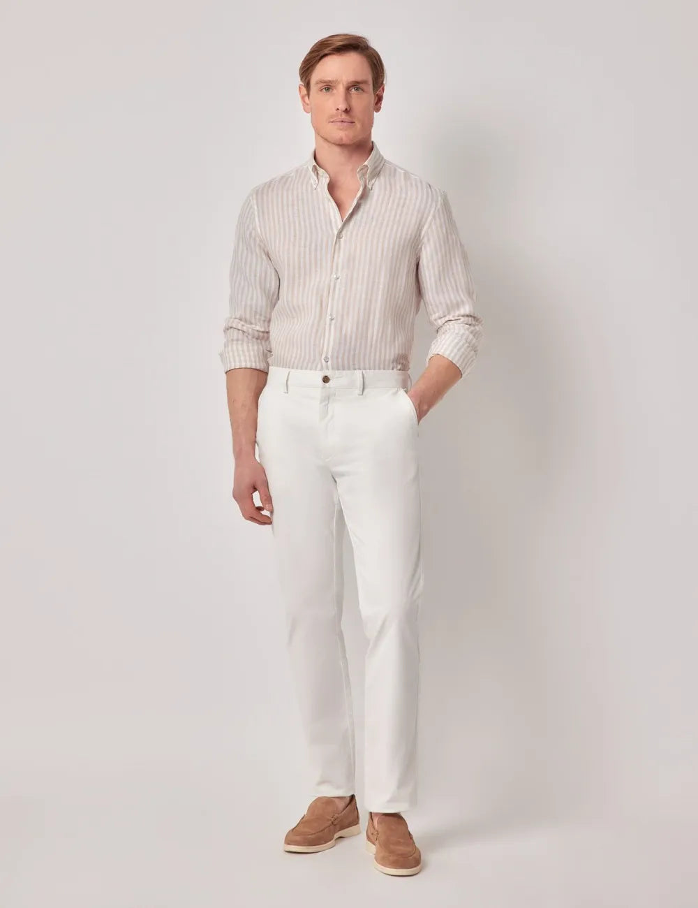 Beige & White Stripe Pure Linen Slim Shirt – Button Down Collar