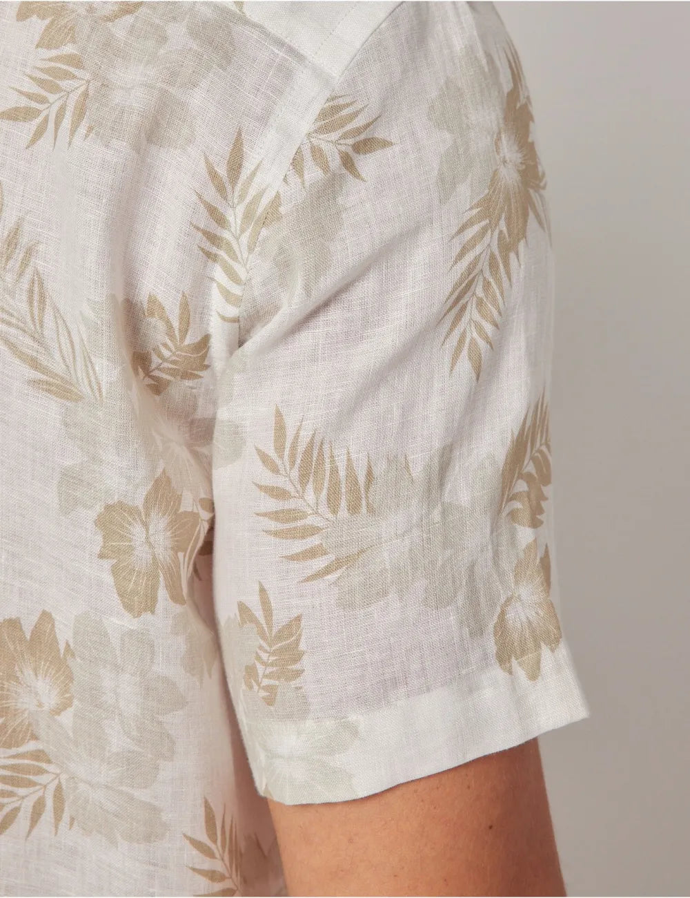 Beige & White Floral Pure Linen Slim Shirt - Short Sleeve - Revere Collar