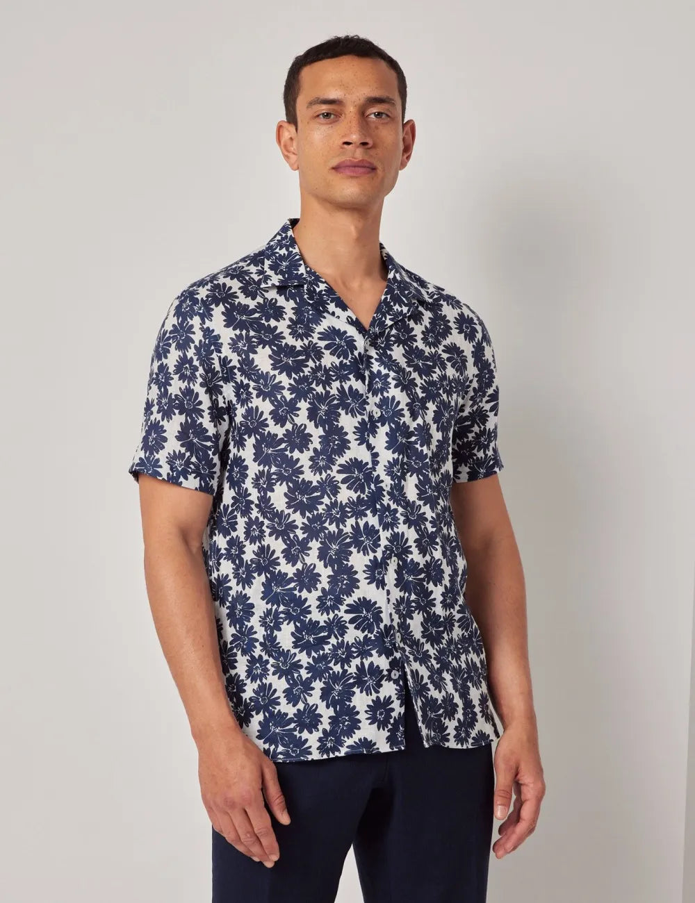 Beige & White Floral Pure Linen Slim Shirt - Short Sleeve - Revere Collar