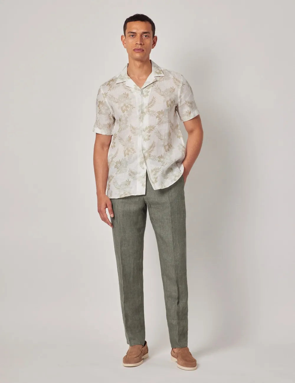 Beige & White Floral Pure Linen Slim Shirt - Short Sleeve - Revere Collar
