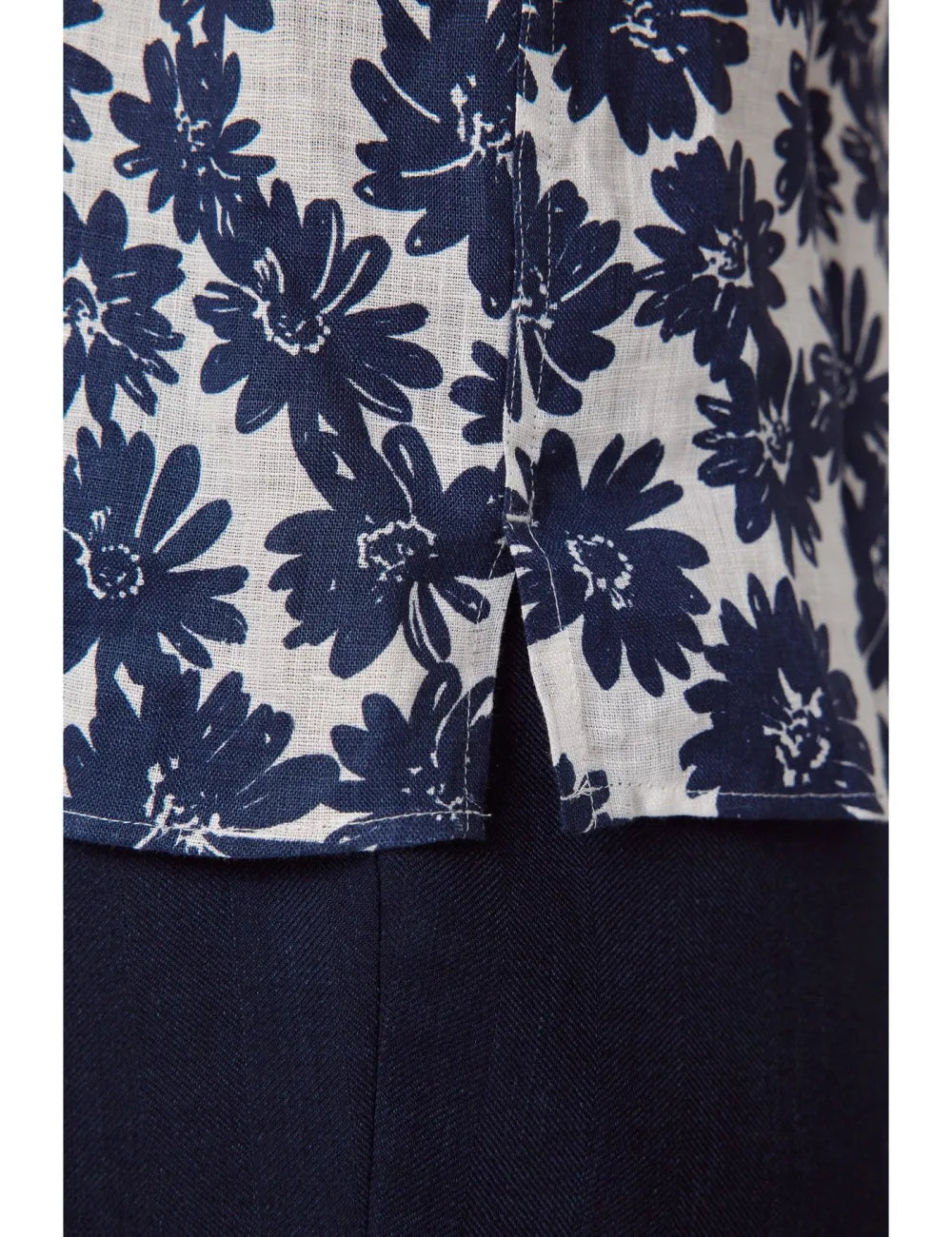 Beige & White Floral Pure Linen Slim Shirt - Short Sleeve - Revere Collar