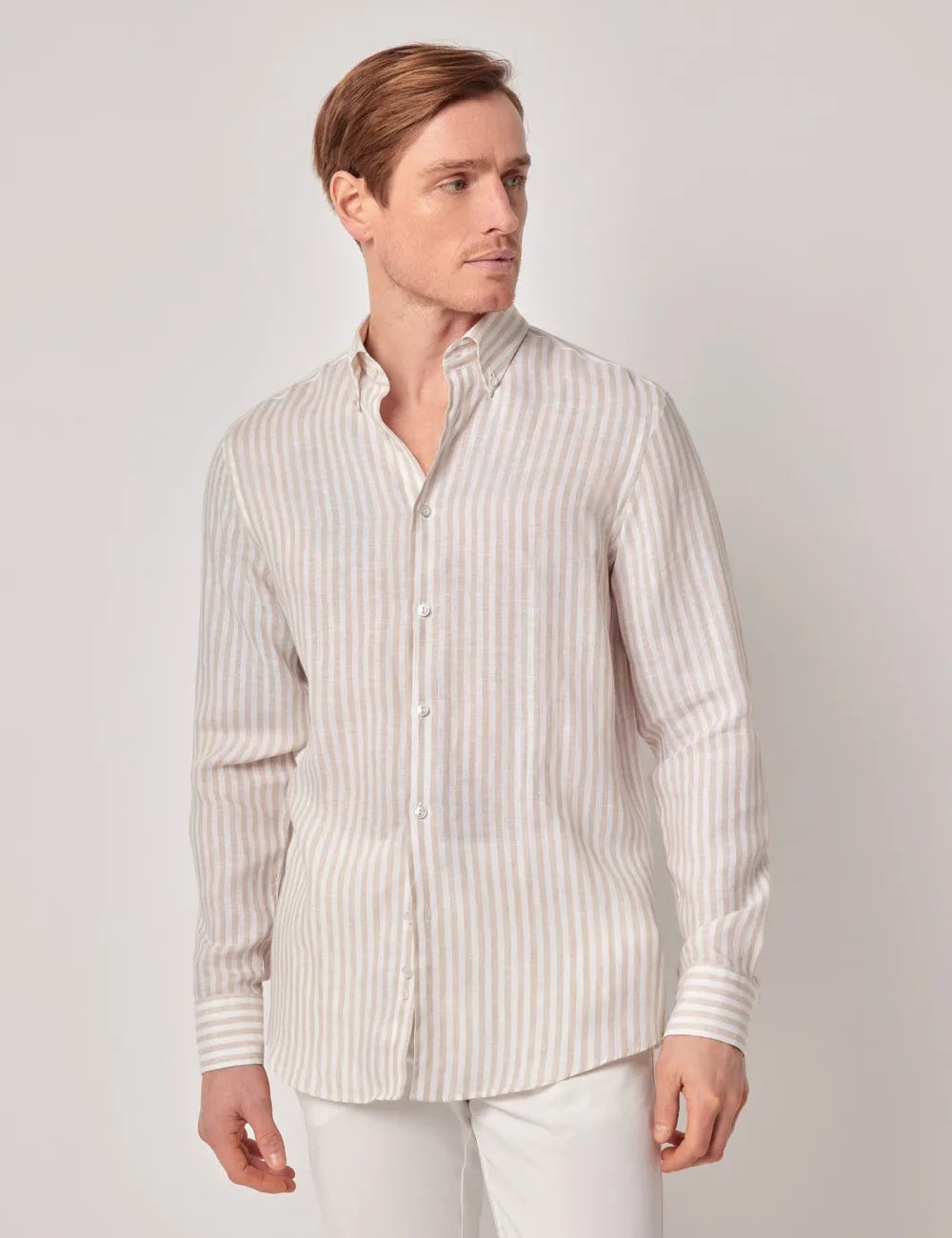 Beige & White Stripe Pure Linen Slim Shirt – Button Down Collar