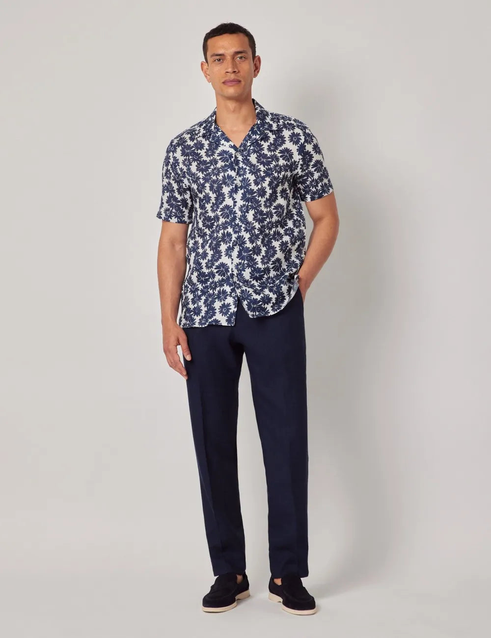 Beige & White Floral Pure Linen Slim Shirt - Short Sleeve - Revere Collar