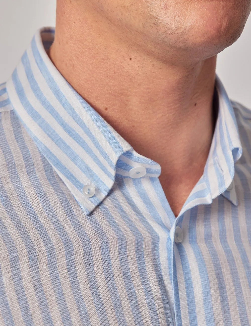Beige & White Stripe Pure Linen Slim Shirt – Button Down Collar