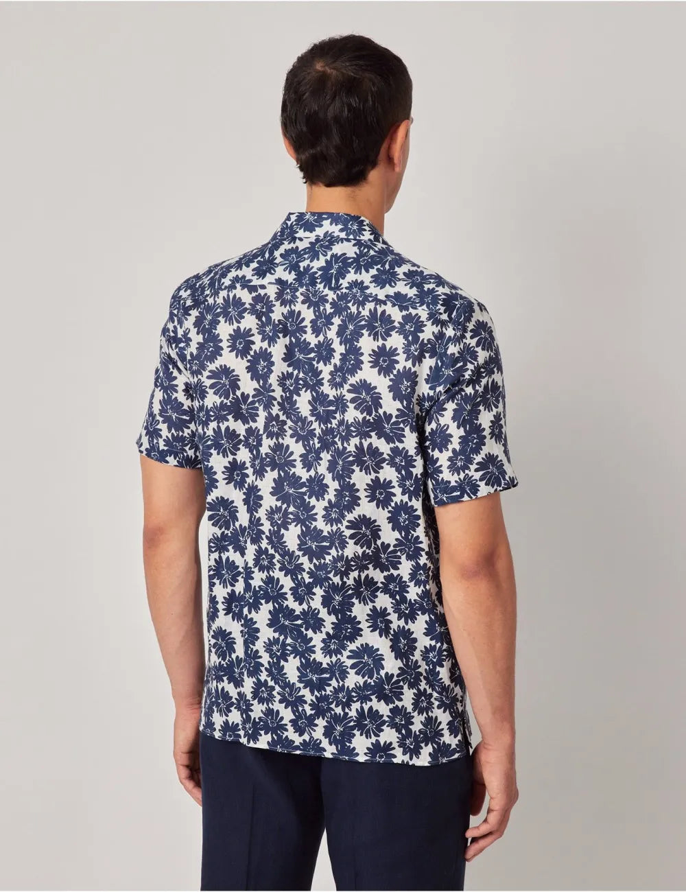 Beige & White Floral Pure Linen Slim Shirt - Short Sleeve - Revere Collar