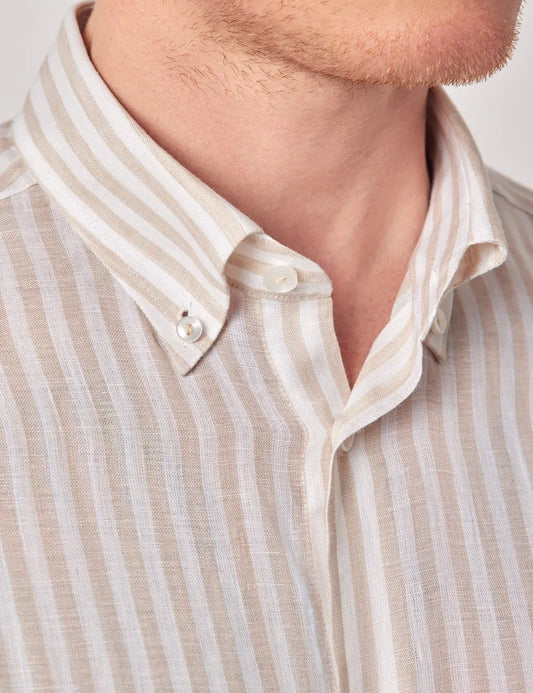 Beige & White Stripe Pure Linen Slim Shirt – Button Down Collar