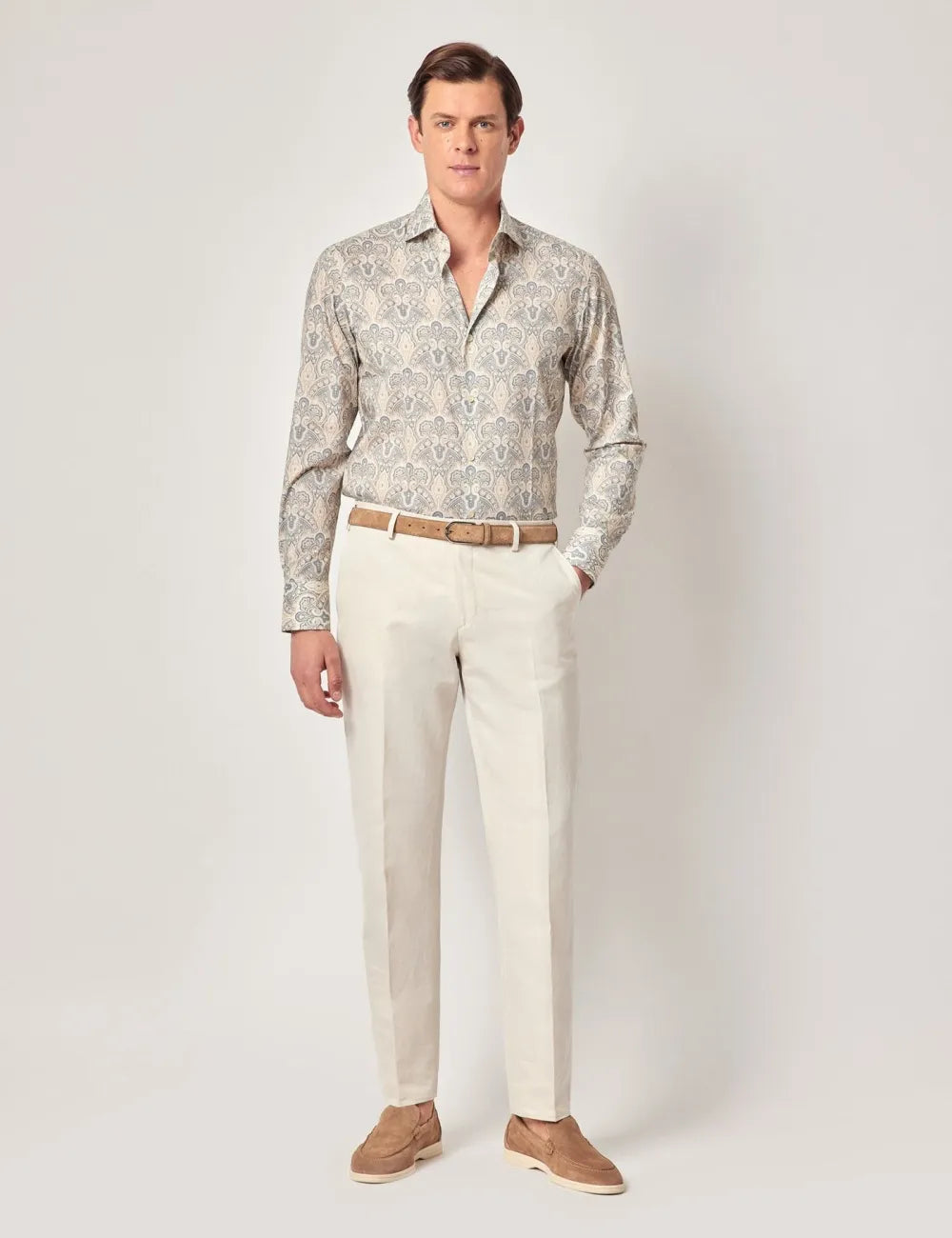 Beige & Blue Paisley Slim Curtis Shirt - High Collar