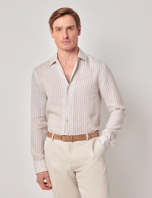 Beige & White Stripe Pure Linen Slim Shirt - One Piece Collar - Full Cutaway
