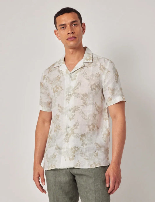 Beige & White Floral Pure Linen Slim Shirt - Short Sleeve - Revere Collar