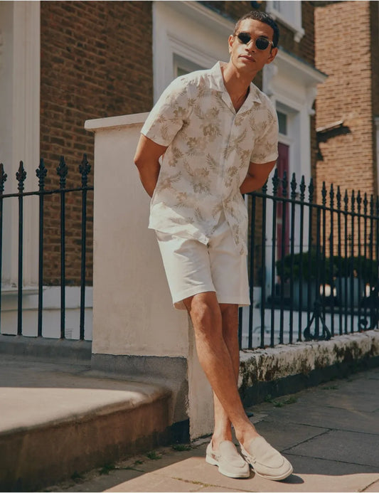 Beige & White Floral Pure Linen Slim Shirt - Short Sleeve - Revere Collar