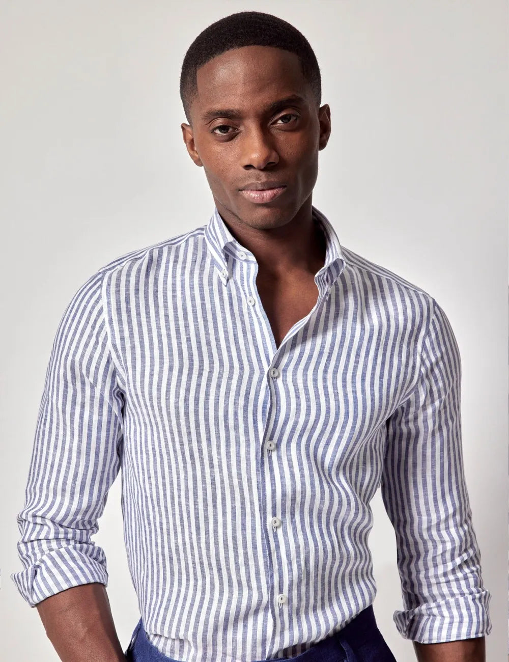 Beige & White Stripe Pure Linen Slim Shirt – Button Down Collar