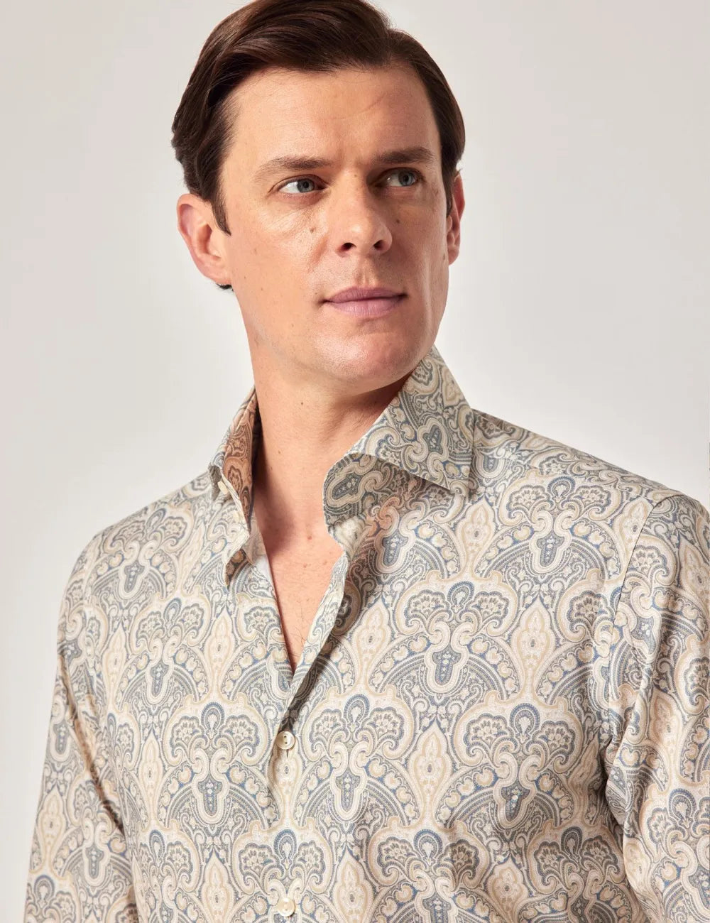 Beige & Blue Paisley Slim Curtis Shirt - High Collar