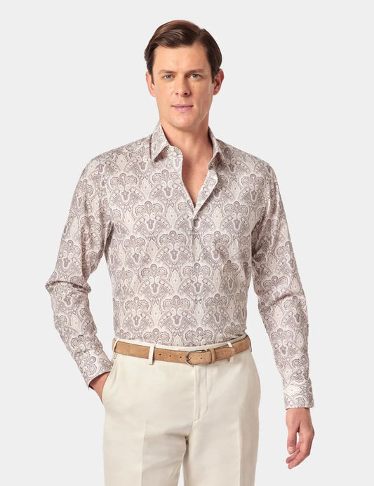 Beige & Brown Paisley Slim Curtis Shirt - Mid-Collar