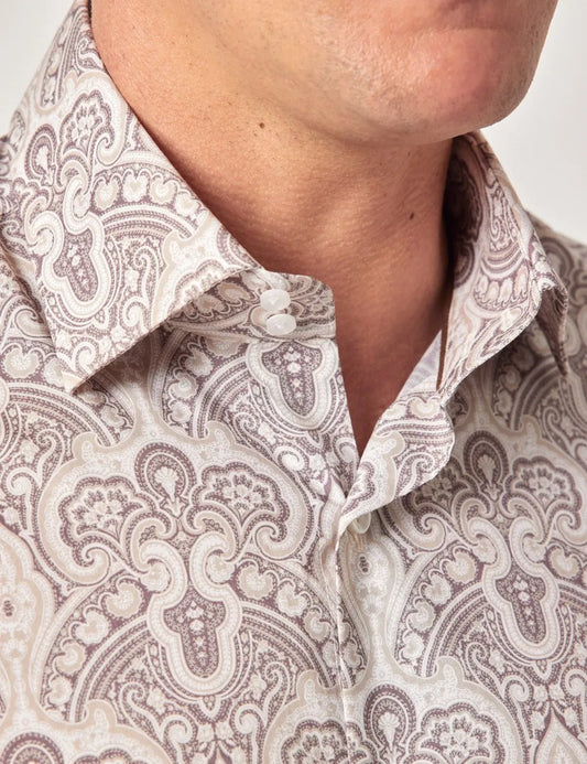 Beige & Brown Paisley Slim Curtis Shirt - Mid-Collar