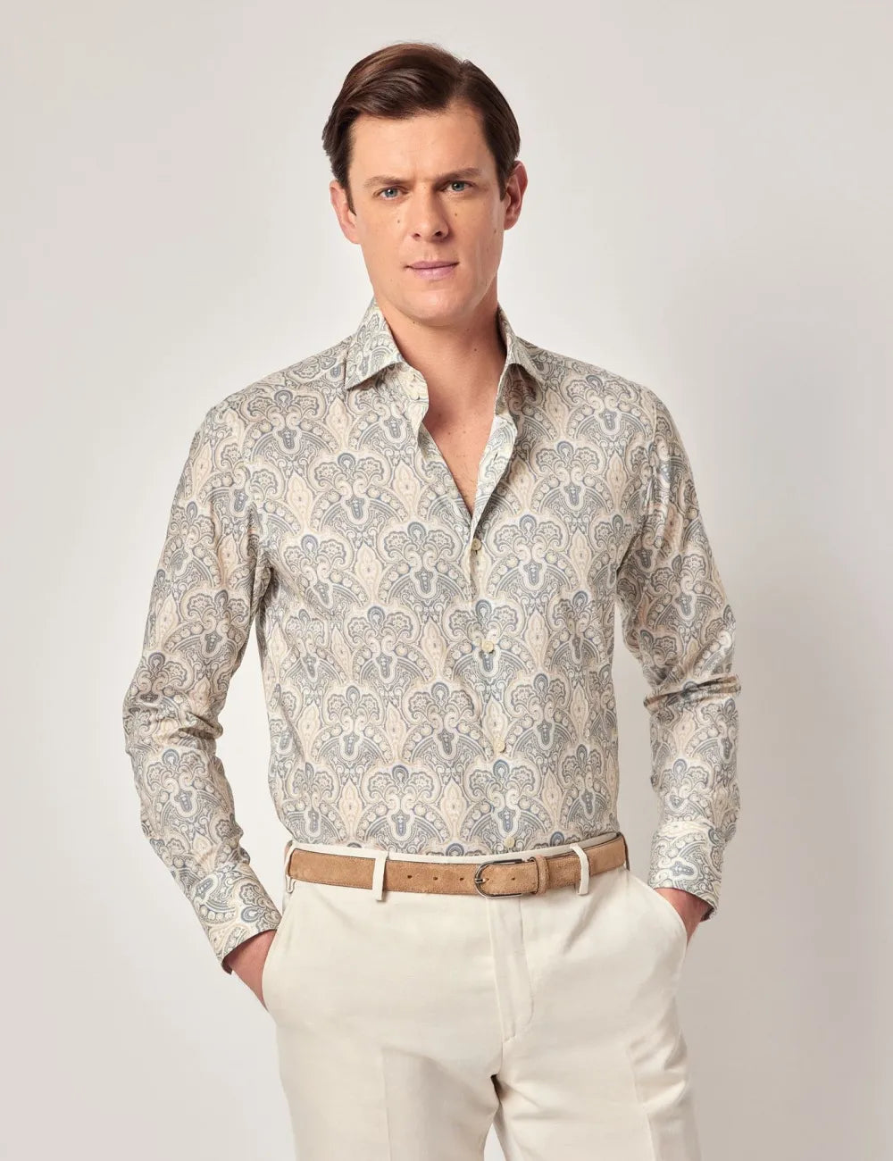 Beige & Blue Paisley Slim Curtis Shirt - High Collar