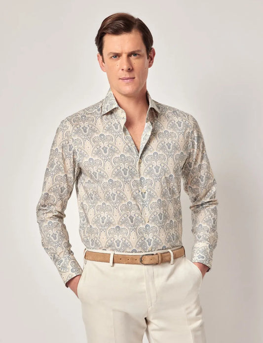 Beige & Blue Paisley Slim Curtis Shirt - High Collar