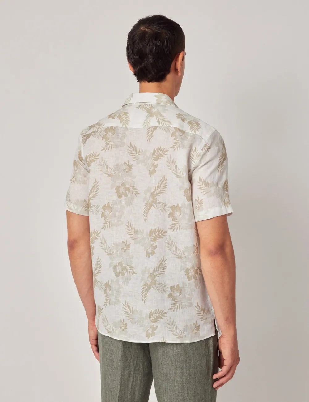 Beige & White Floral Pure Linen Slim Shirt - Short Sleeve - Revere Collar