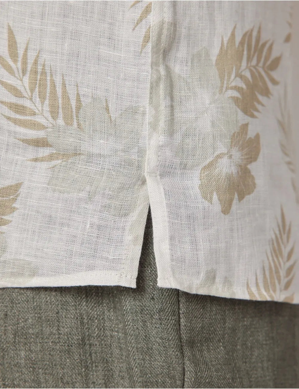 Beige & White Floral Pure Linen Slim Shirt - Short Sleeve - Revere Collar