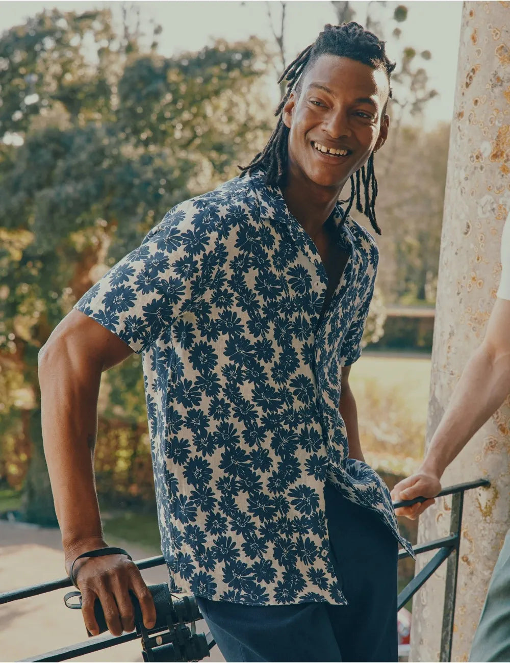 Beige & White Floral Pure Linen Slim Shirt - Short Sleeve - Revere Collar